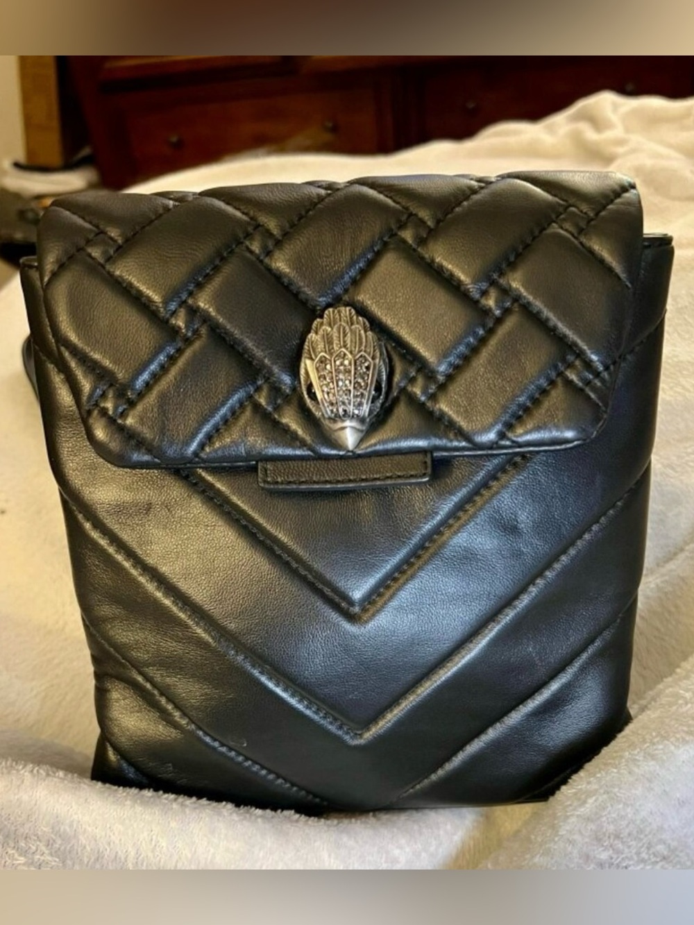 Kurt Geiger Black Quilted Leather Backpack with Silver Emblem. EUC